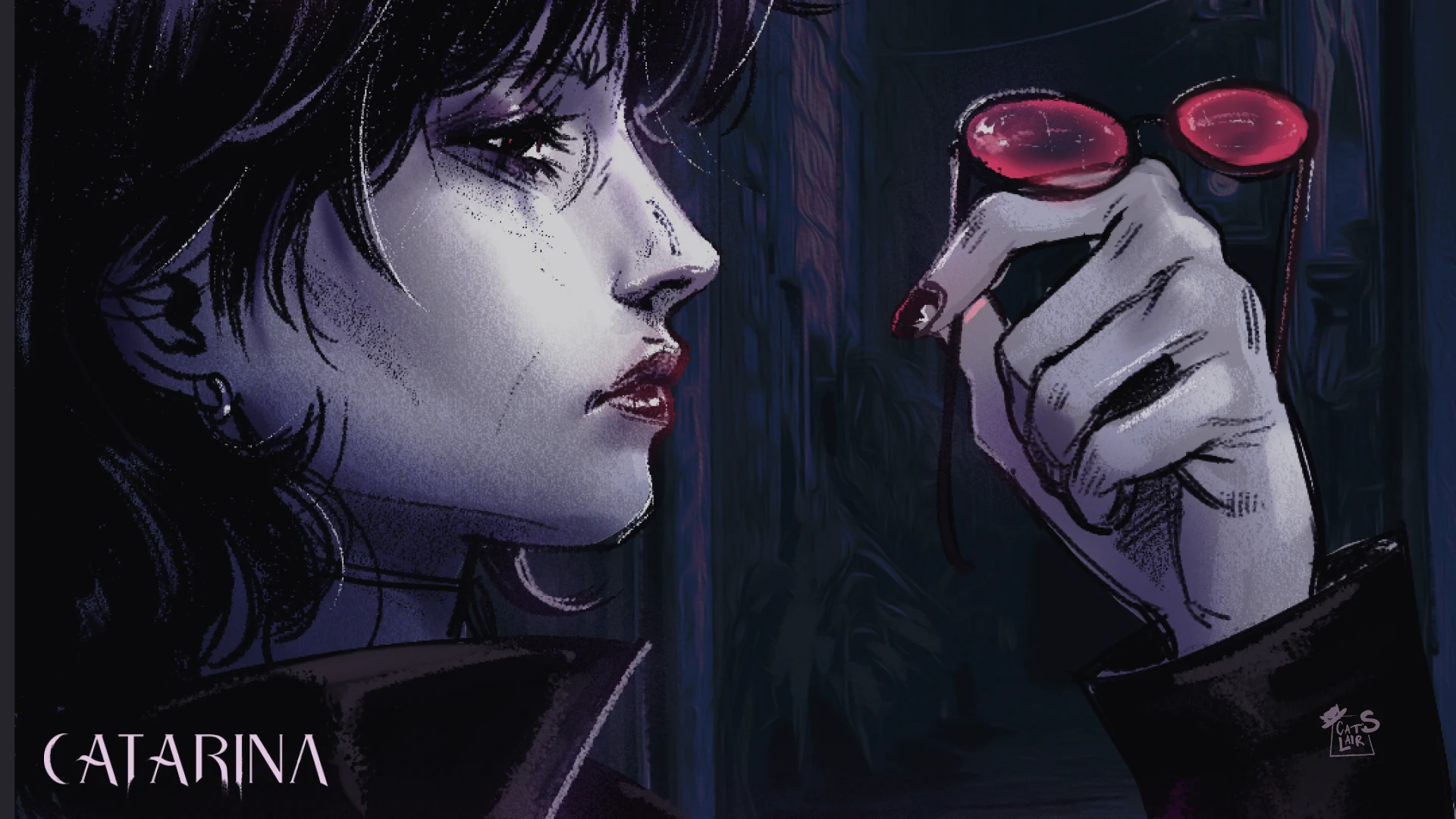 Ilustração de capa do jogo Catarina: a personagem de perfil segurando óculos de lentes vermelhas