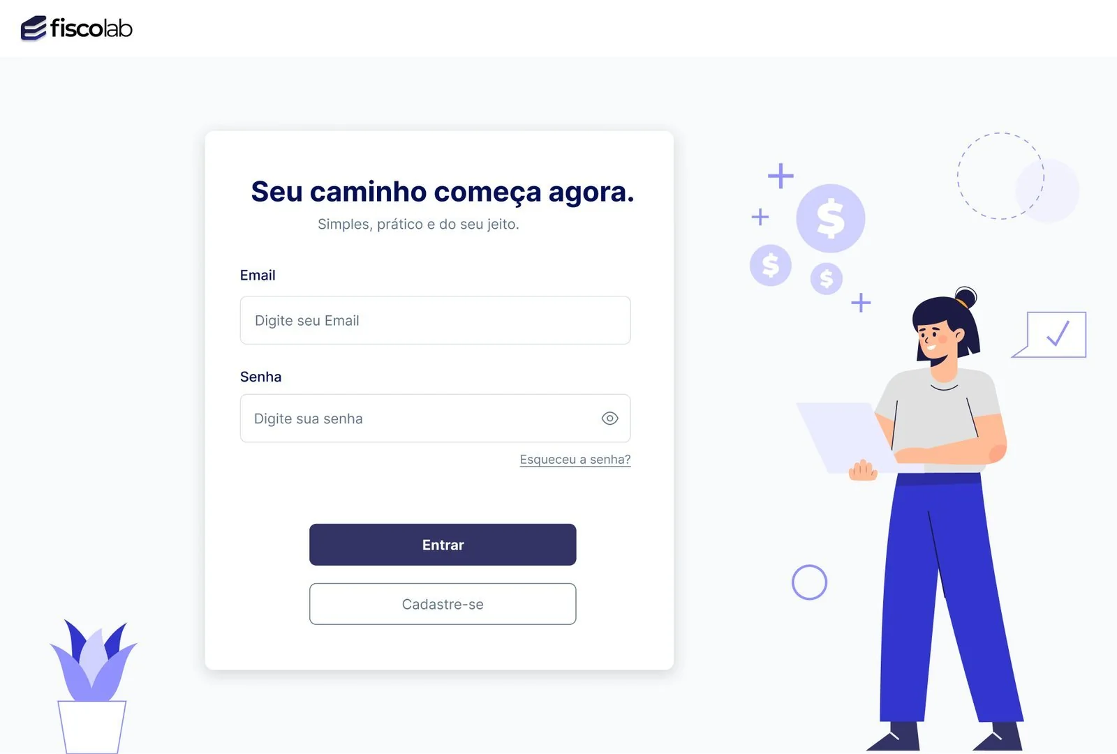 Tela de login do Fiscolab, com ilustração e formulário de entrada